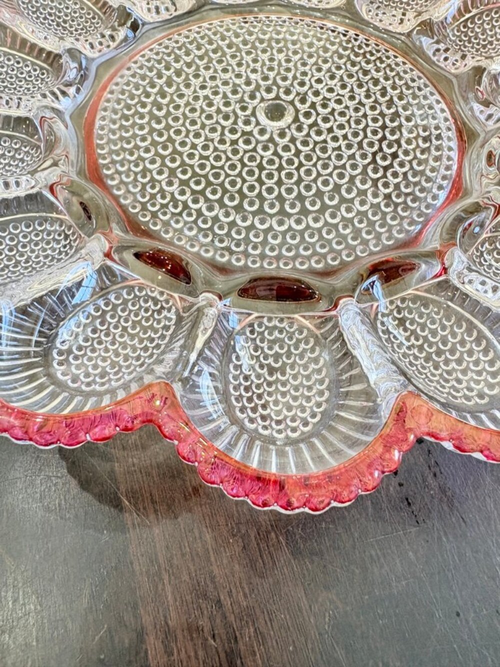 Vintage Indiana Glass Hobnail Glass Deviled Egg Plate Pink Cranberry Rim 15 Well - Picture 2 of 3